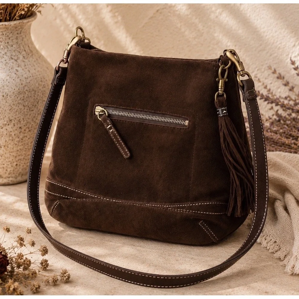 Coach 1419 Shoulder Bag Brown Suede Leather Tassel Hobo Handbag Western